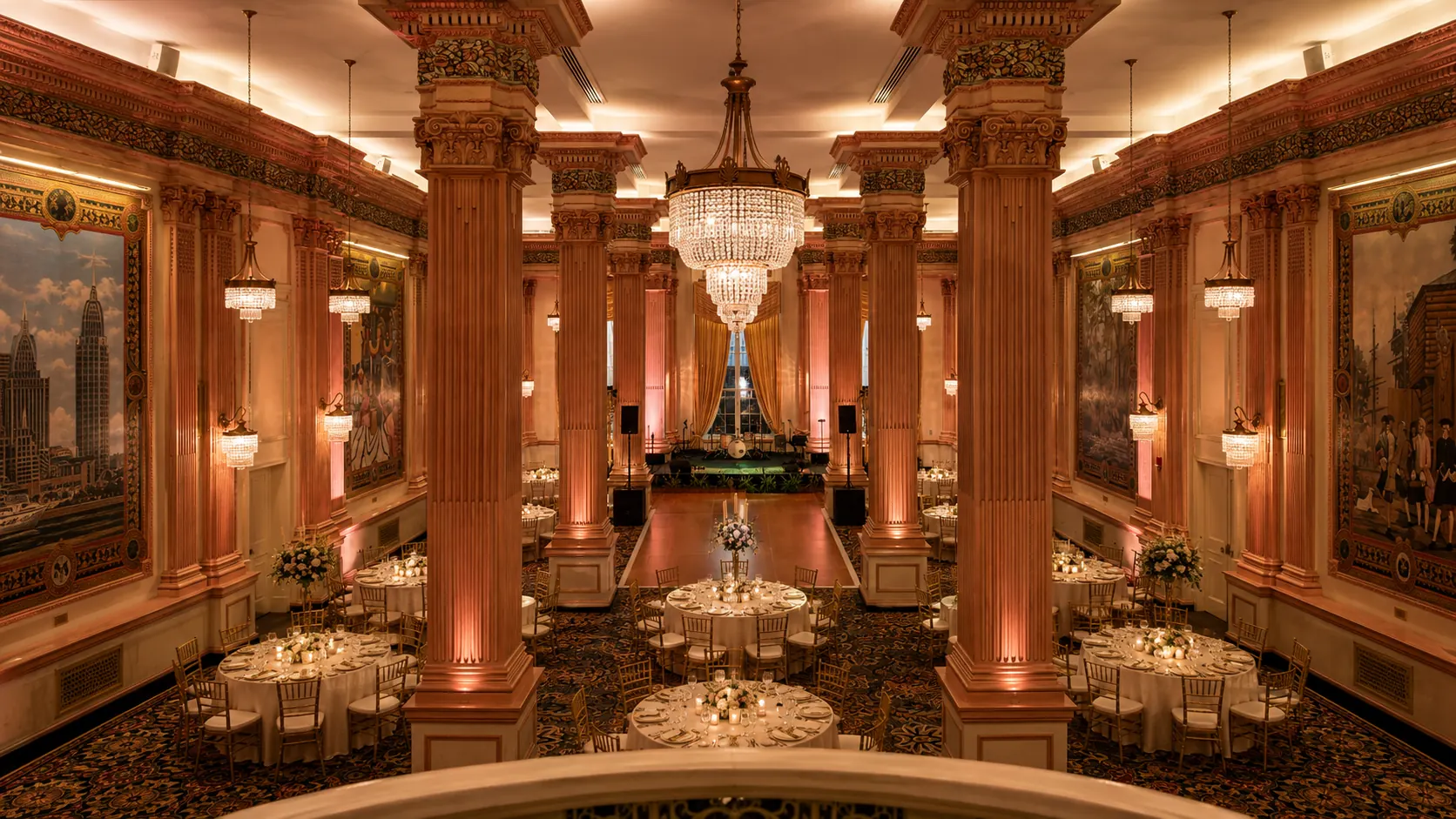 Chandeliers and banquet tables in the Crystal Ballroom at The Battle House